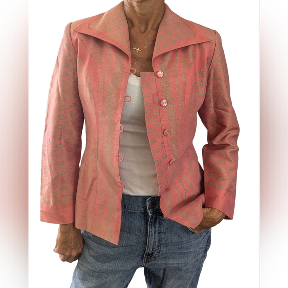 Vintage Thai Silk Brocade Blazer Pink Green Jacquard Button Jacket Chiang Mai - Picture 1 of 7